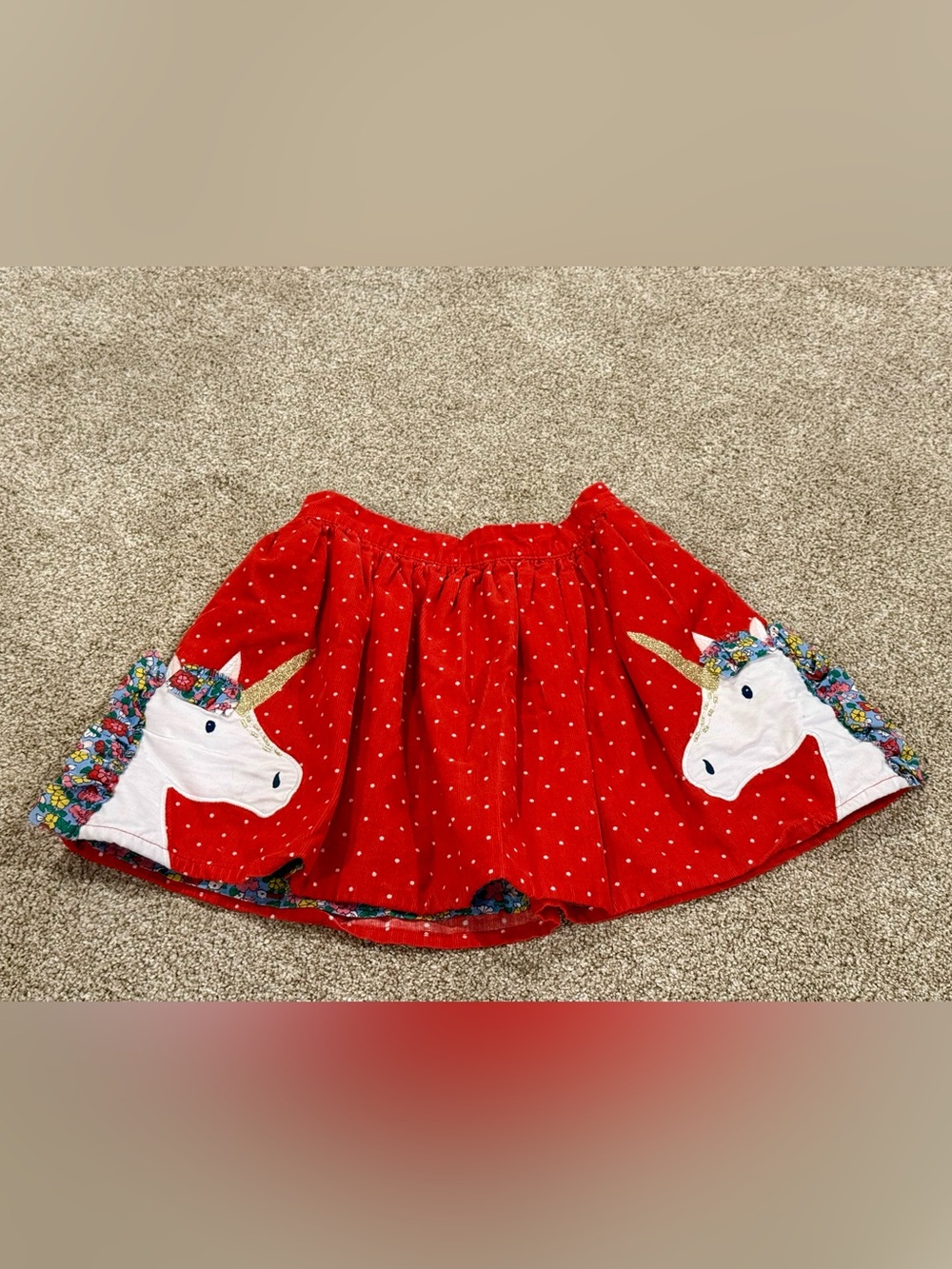 Mini Boden Red Corduroy Polka-Dot Unicorn Skirt Girls Skirt
